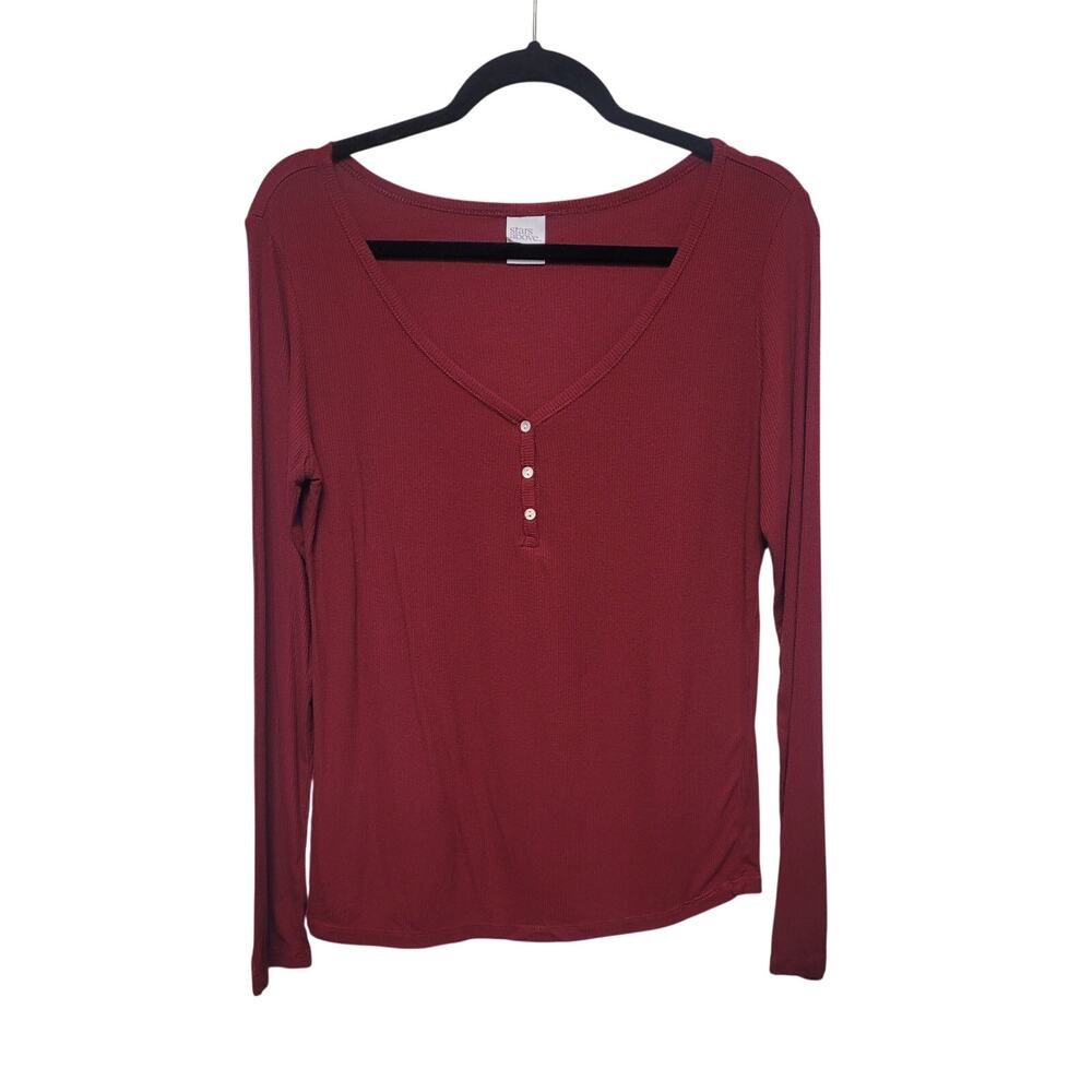 Stars Above Maroon Ribbed Henley Sleep Shirt Lounge Top XL Cozy Pajama Fall